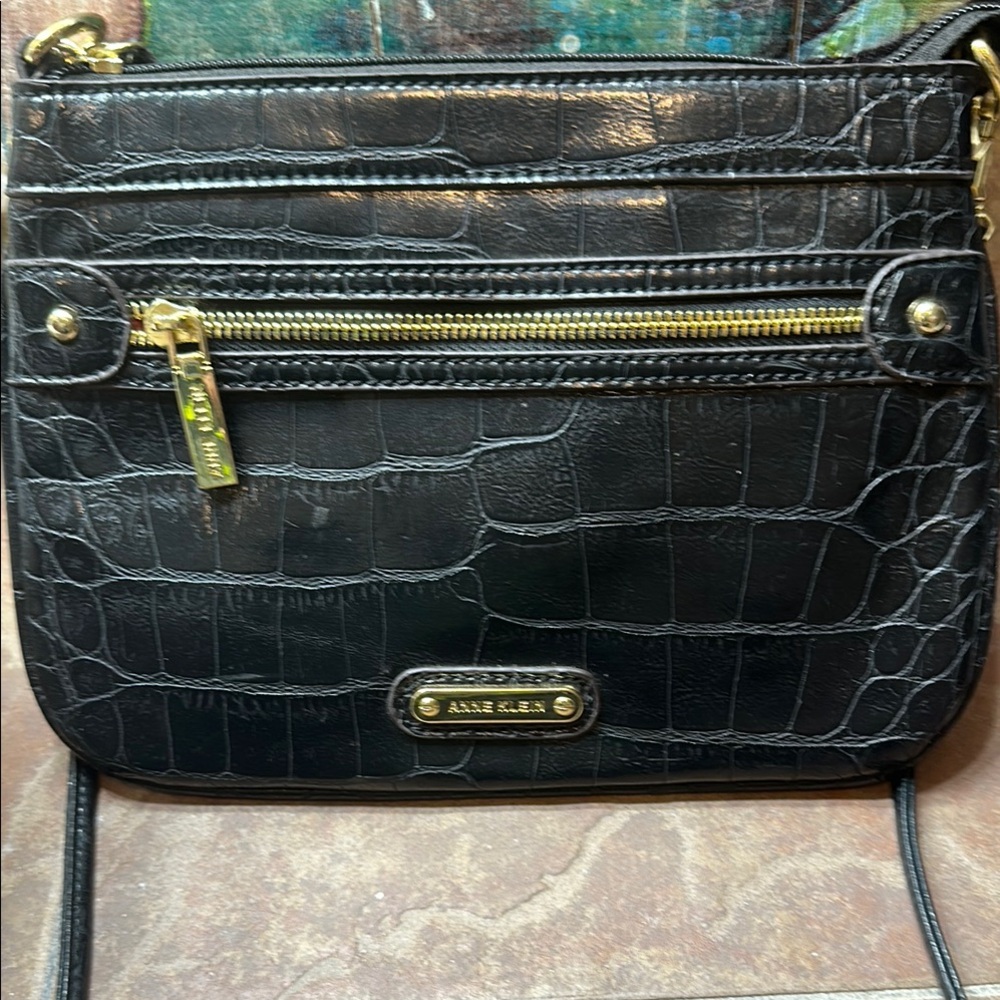 Anne Klein Black Croc Crossbody with Gold Accents